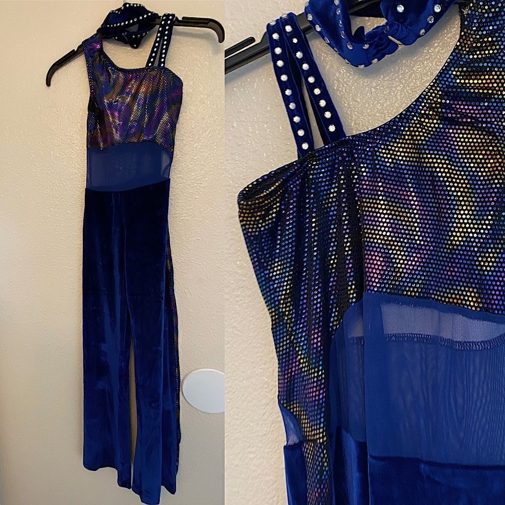 The Line Up Dance Costume unitard blue velvet rhinestone wide leg retro MC 10